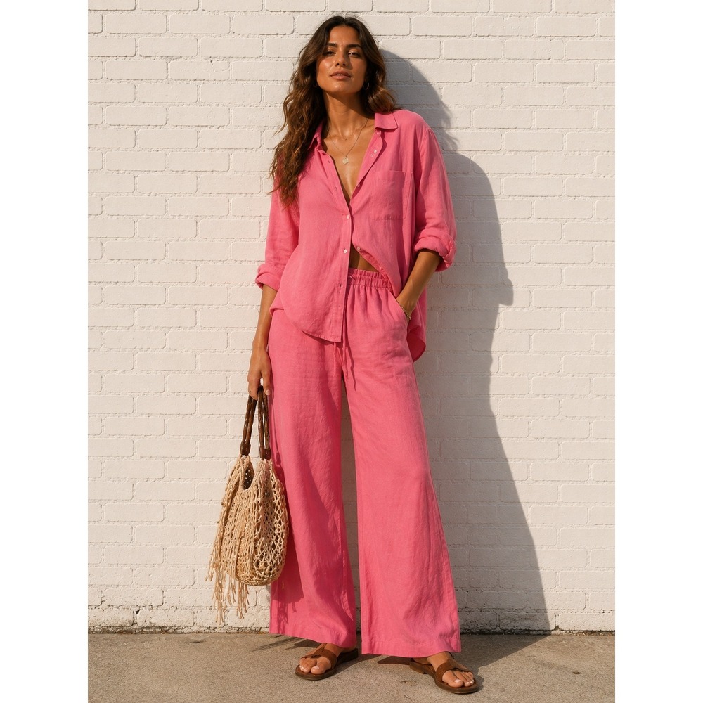 Oysho Pink 100% Linen Button Down Shirt and Wide Leg Pants Set Vacation XL